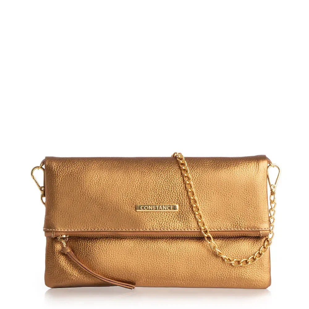 Bolsa Couro Envelope Bronze Alça Corrente