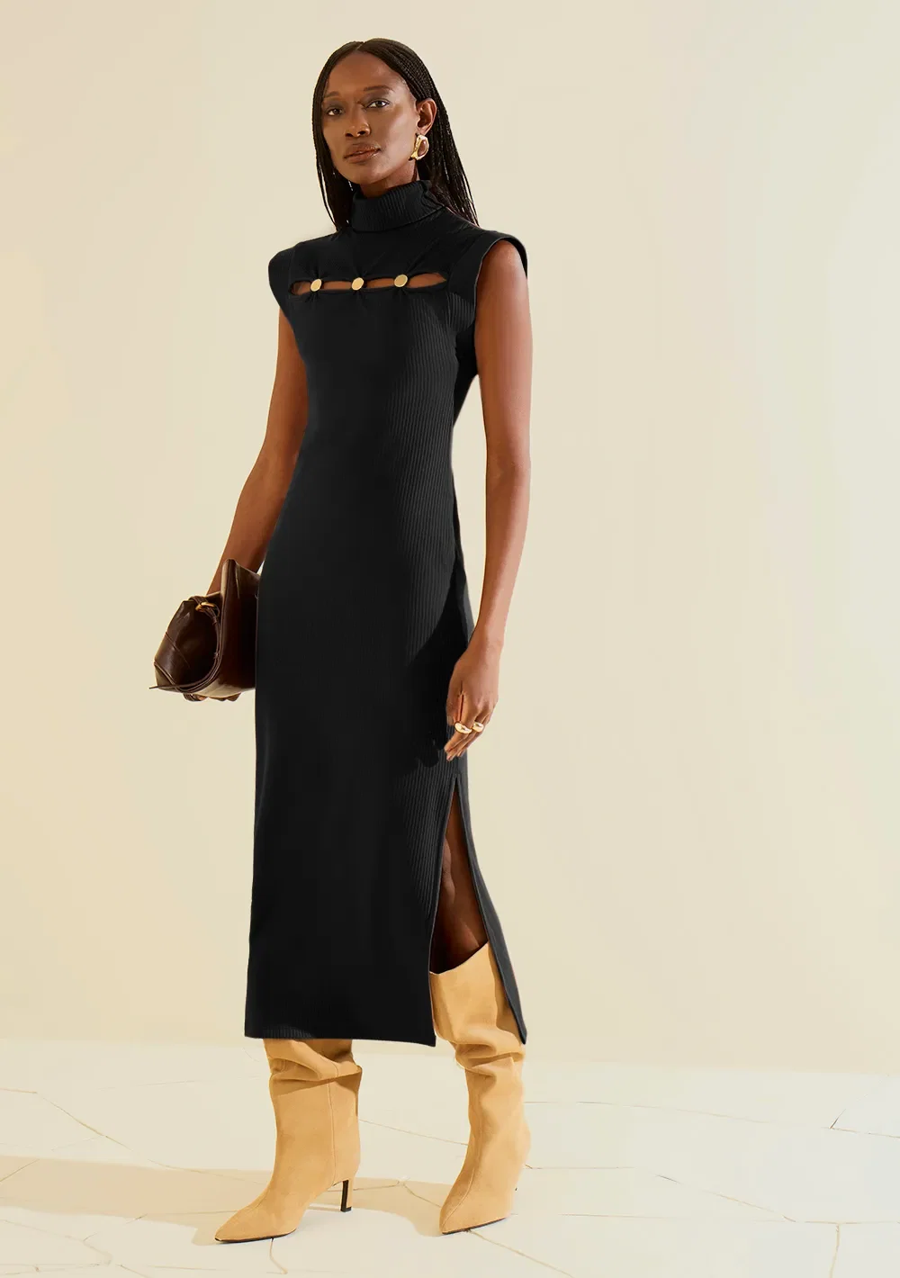 Vestido Morena Rosa Ajustado Gola Alta Sem Manga Midi Preto — imagem 1