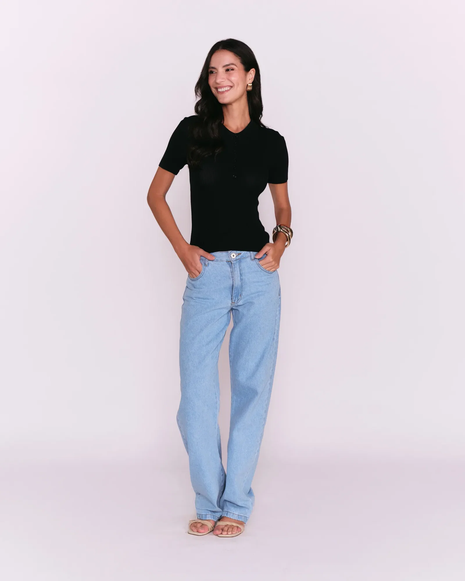 Blusa Tricot Polo Detalhe Botões - Preto — imagem 1