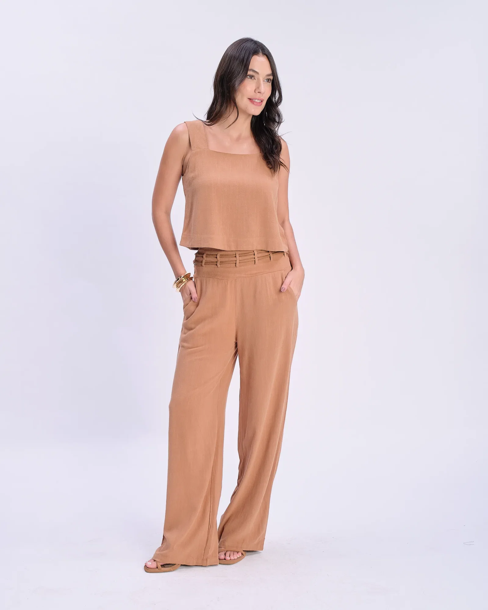 Calça Pantalona Cós Corda Dupla - Marrom — imagem 1