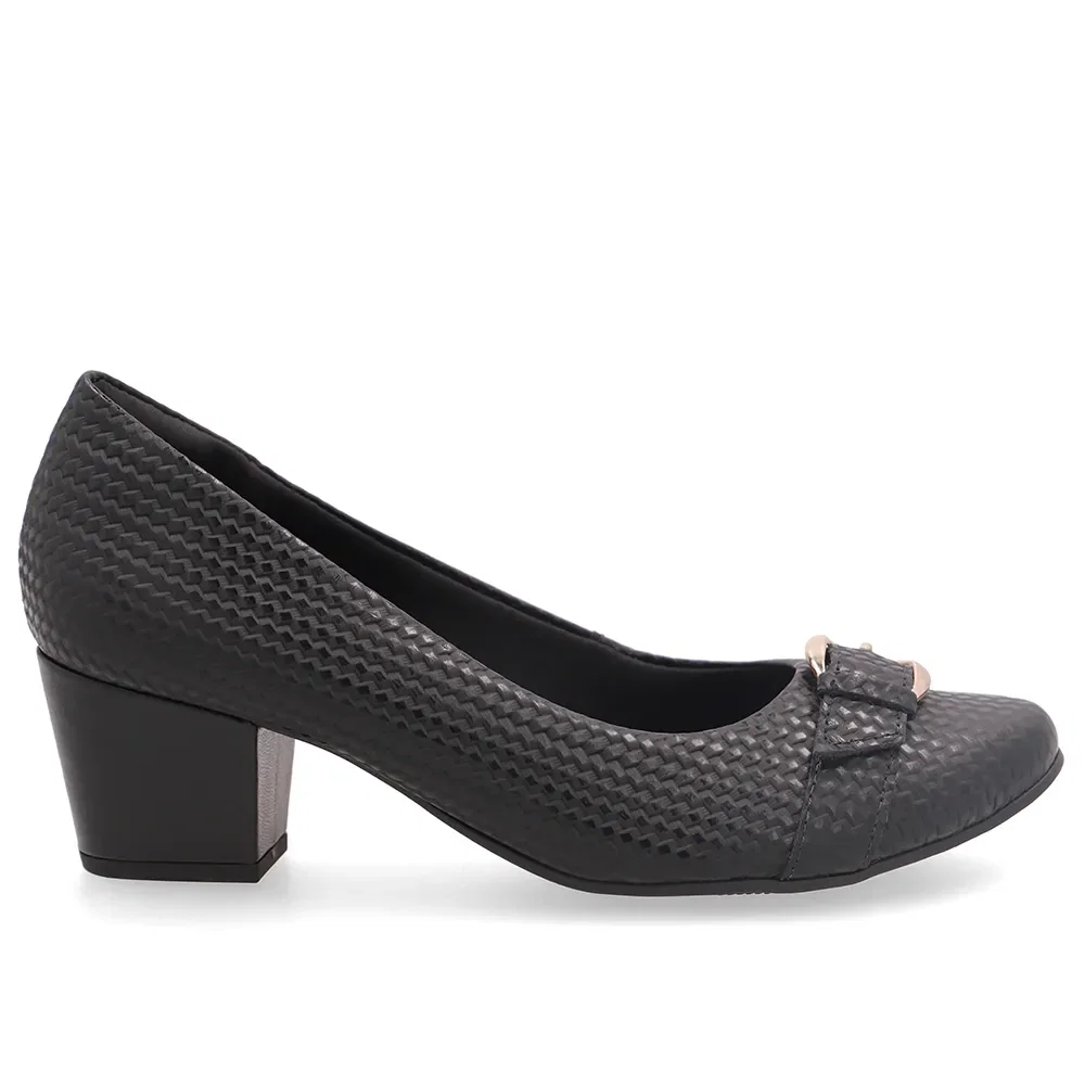 Scarpin Couro Preto Salto Bloco Com Textura Tressê — imagem 1