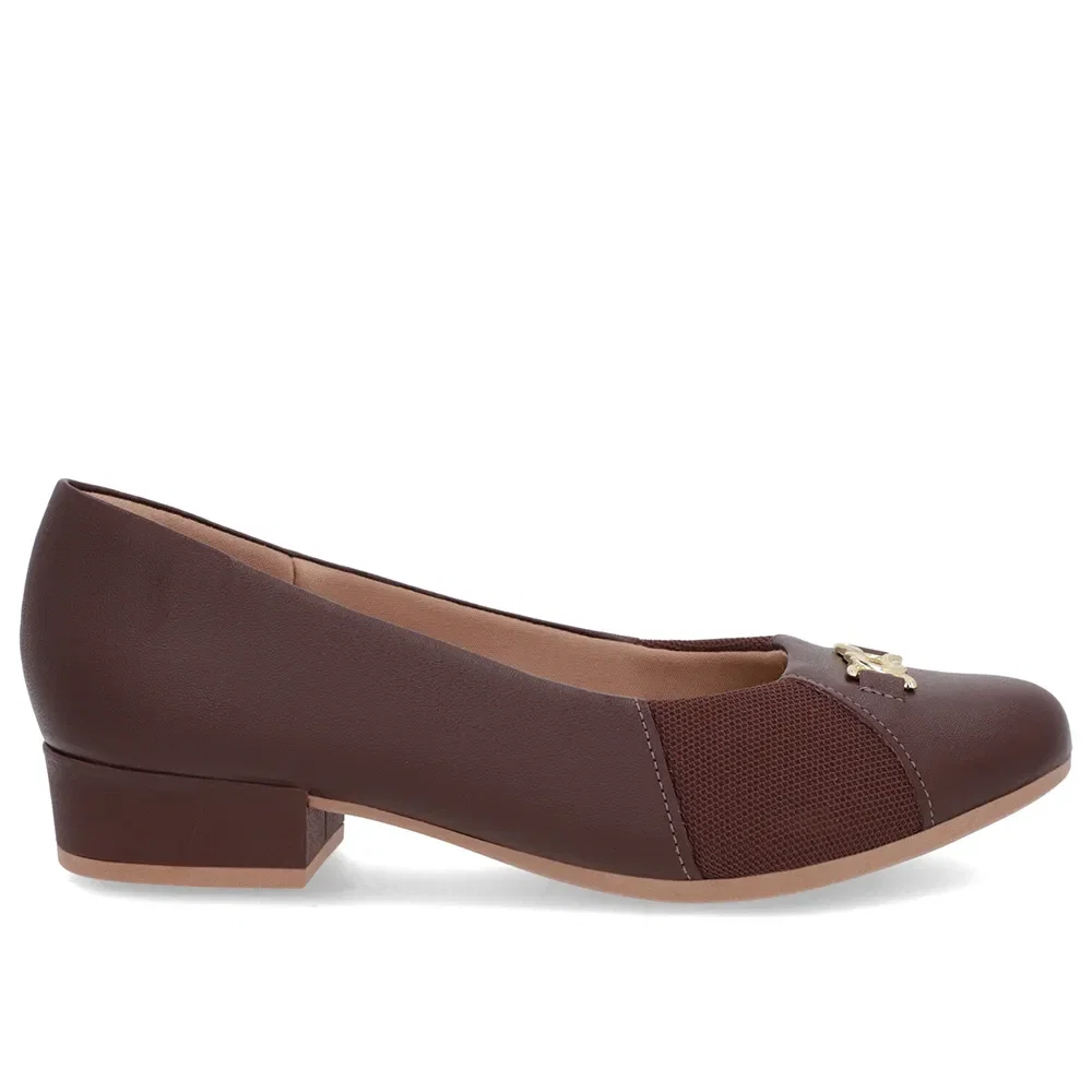 Scarpin Marrom Couro Bico Redondo Tecido Lateral — imagem 1