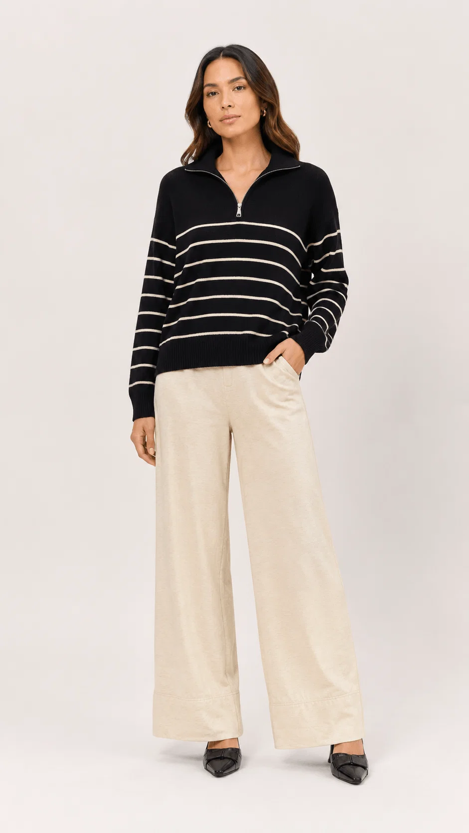 Casaco Tricot Listras Gola Polo Zíper - Preto — imagem 1