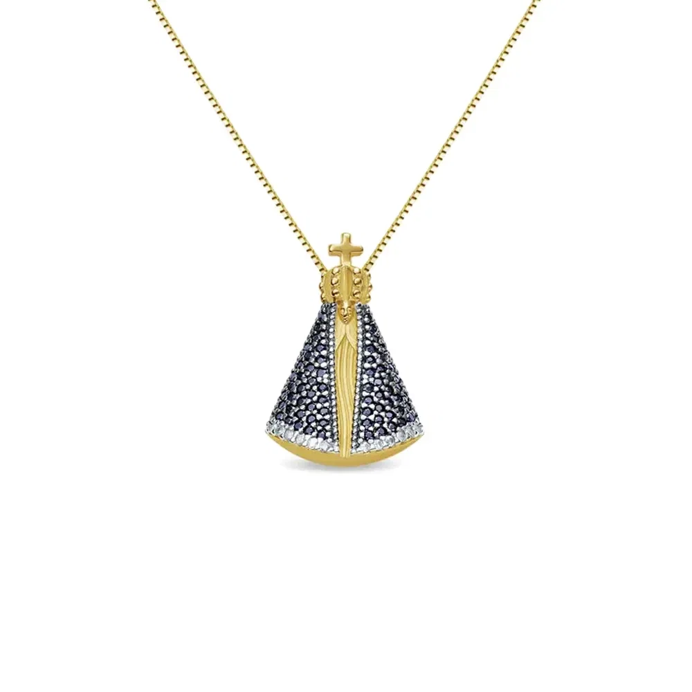 Pingente Medalha N.Sra. Aparecida em Ouro Amarelo 18k com Safiras Azul e Diamantes , 20mm — imagem 1