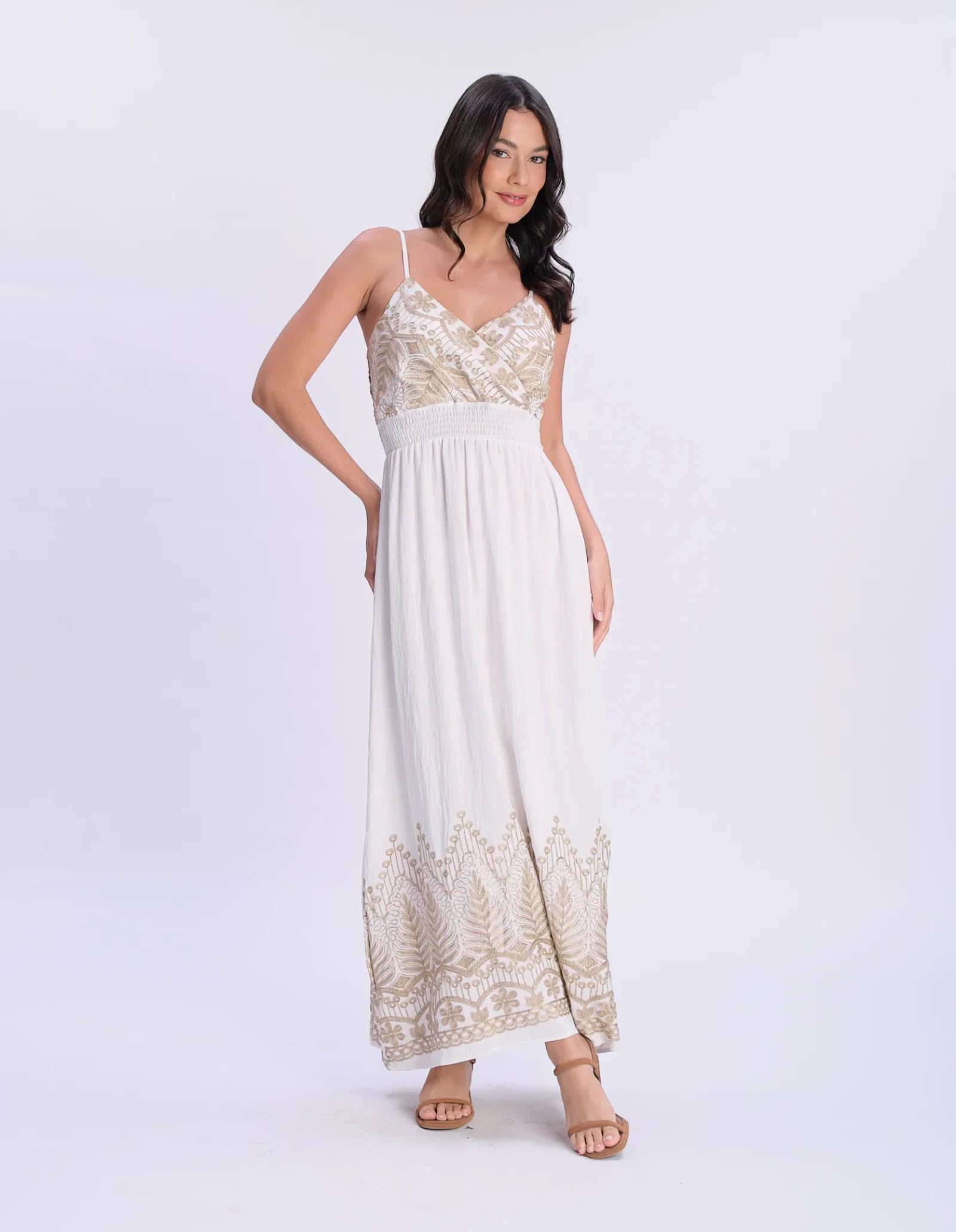 Vestido Longo Bordado Decote Transpasse - Off White — imagem 1