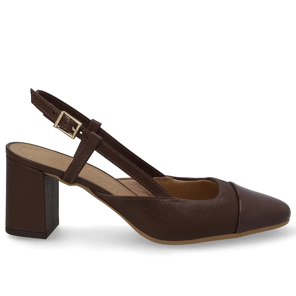 Slingback Couro Marrom Bico Redondo Verniz
