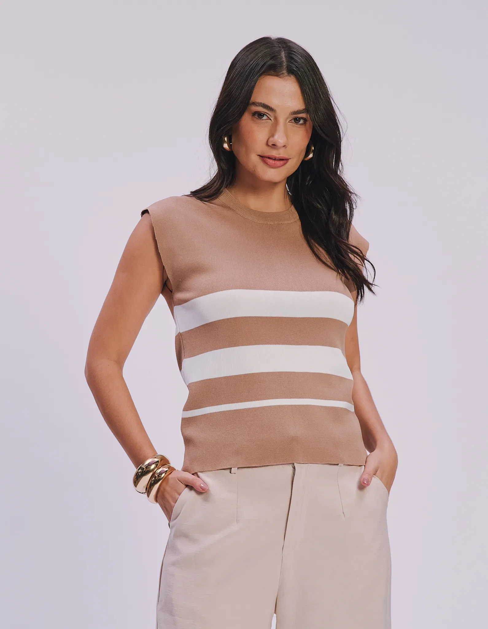 Blusa Tricot Muscle Tee Listras - Bege — imagem 1
