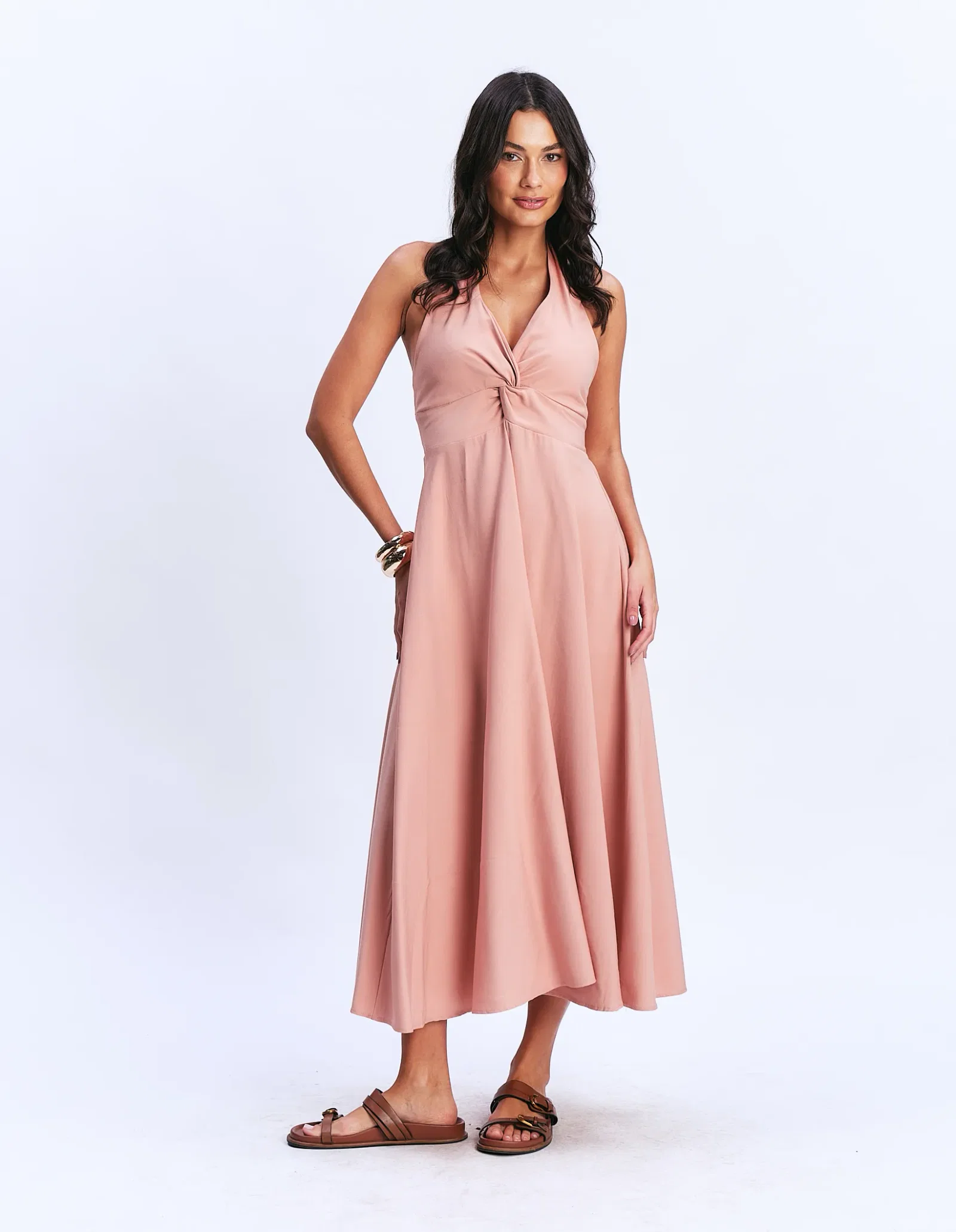 Vestido Frente Única Busto Torção - Pessego