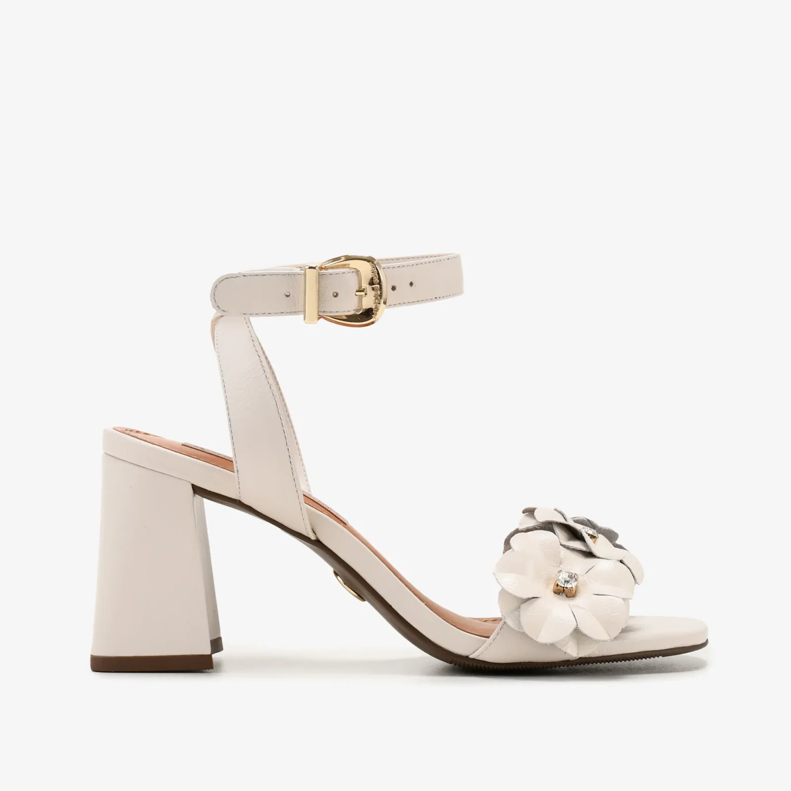 Sandália Salto Bloco Flor Off White Algodão Couro — imagem 1