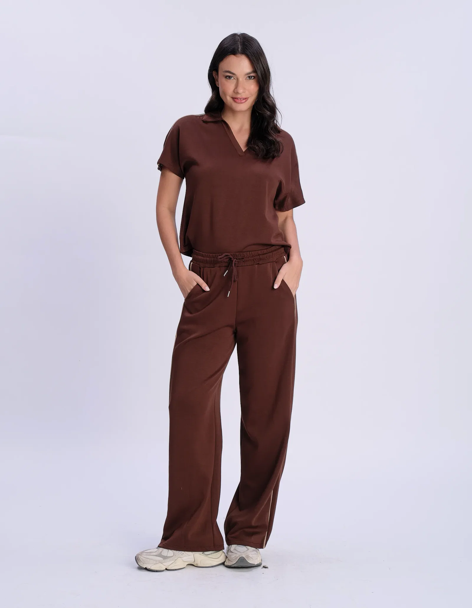Calça Pantalona Cós Elástico - Cafe