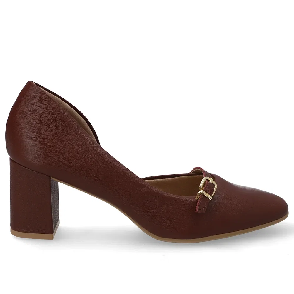 Scarpin Vermelho Bico Redondo Couro Tira Enfeite — imagem 1