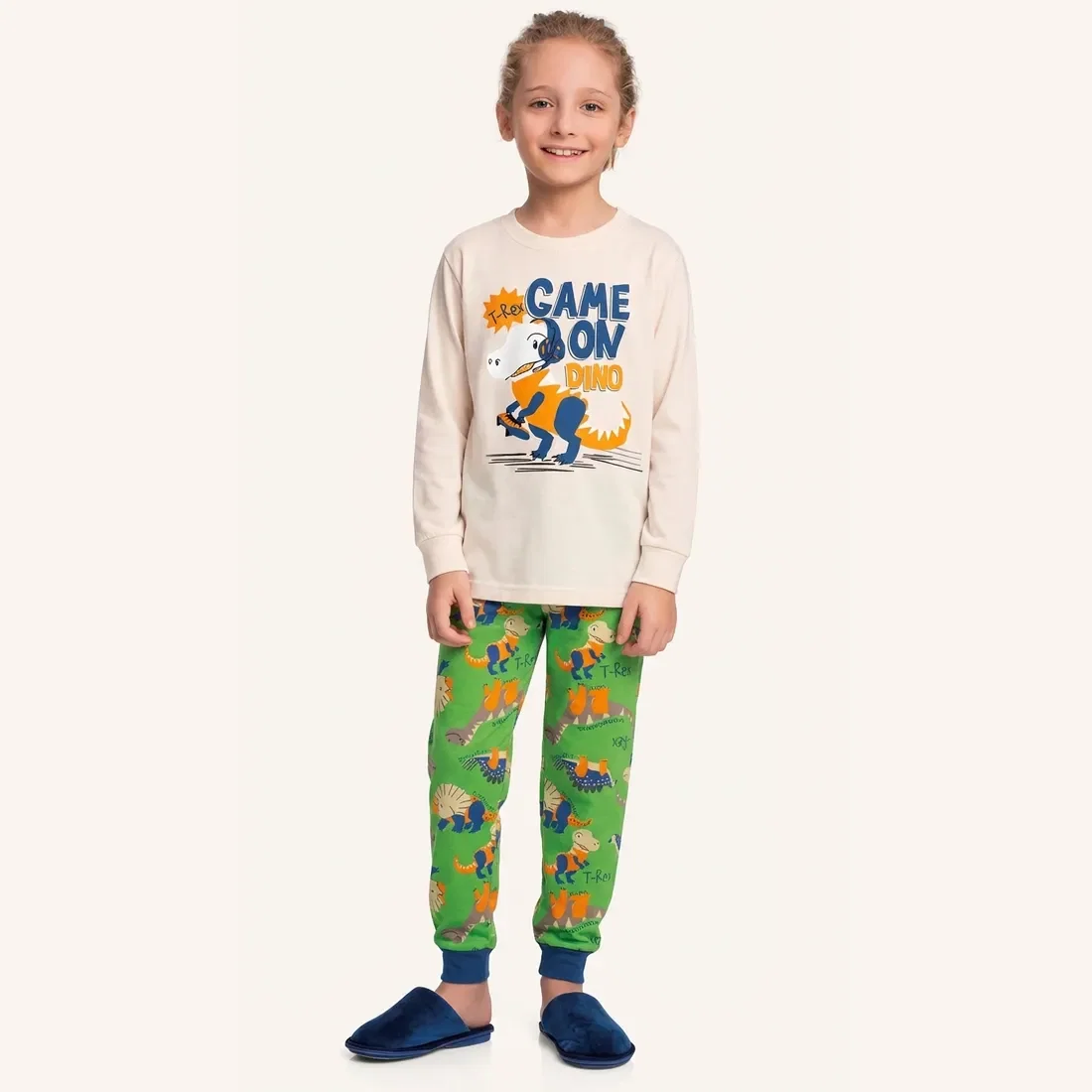 Conjunto pijama camiseta manga longa e calça em meia malha game dino