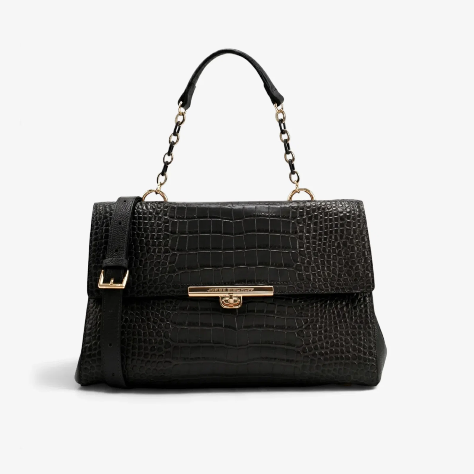 Bolsa Satchel Preto Couro Croco