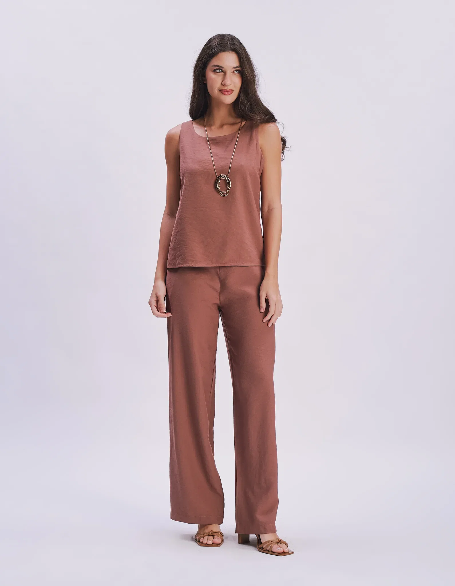Calça Pantalona Com Faixa - Marrom Claro