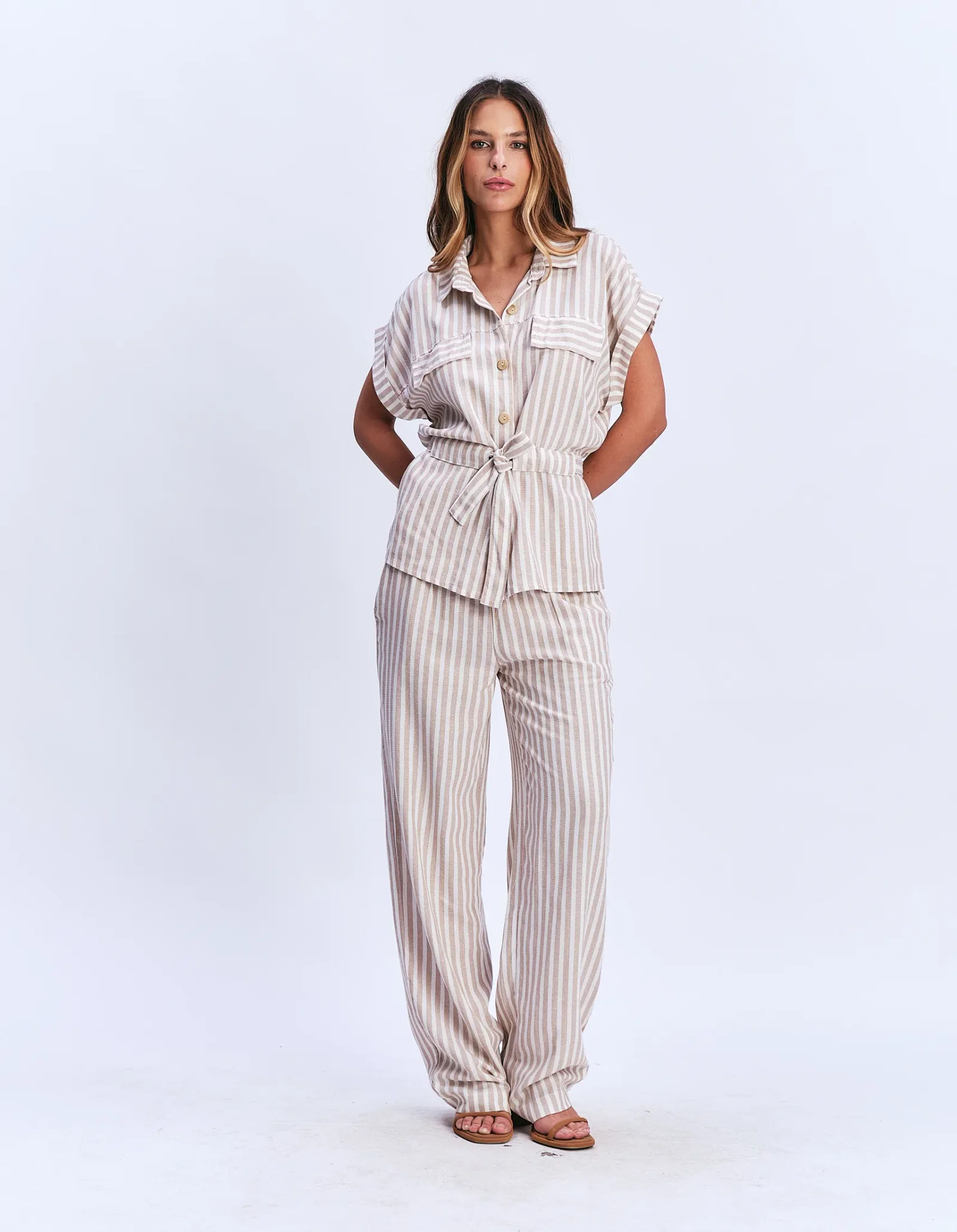 Calça Pantalona Listrada - Bege