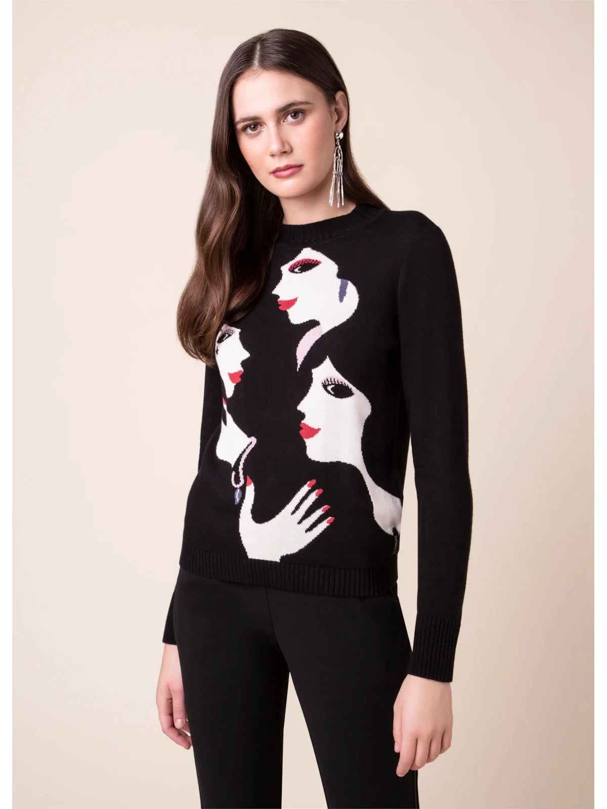 Tricot Jacquard Faces Preto