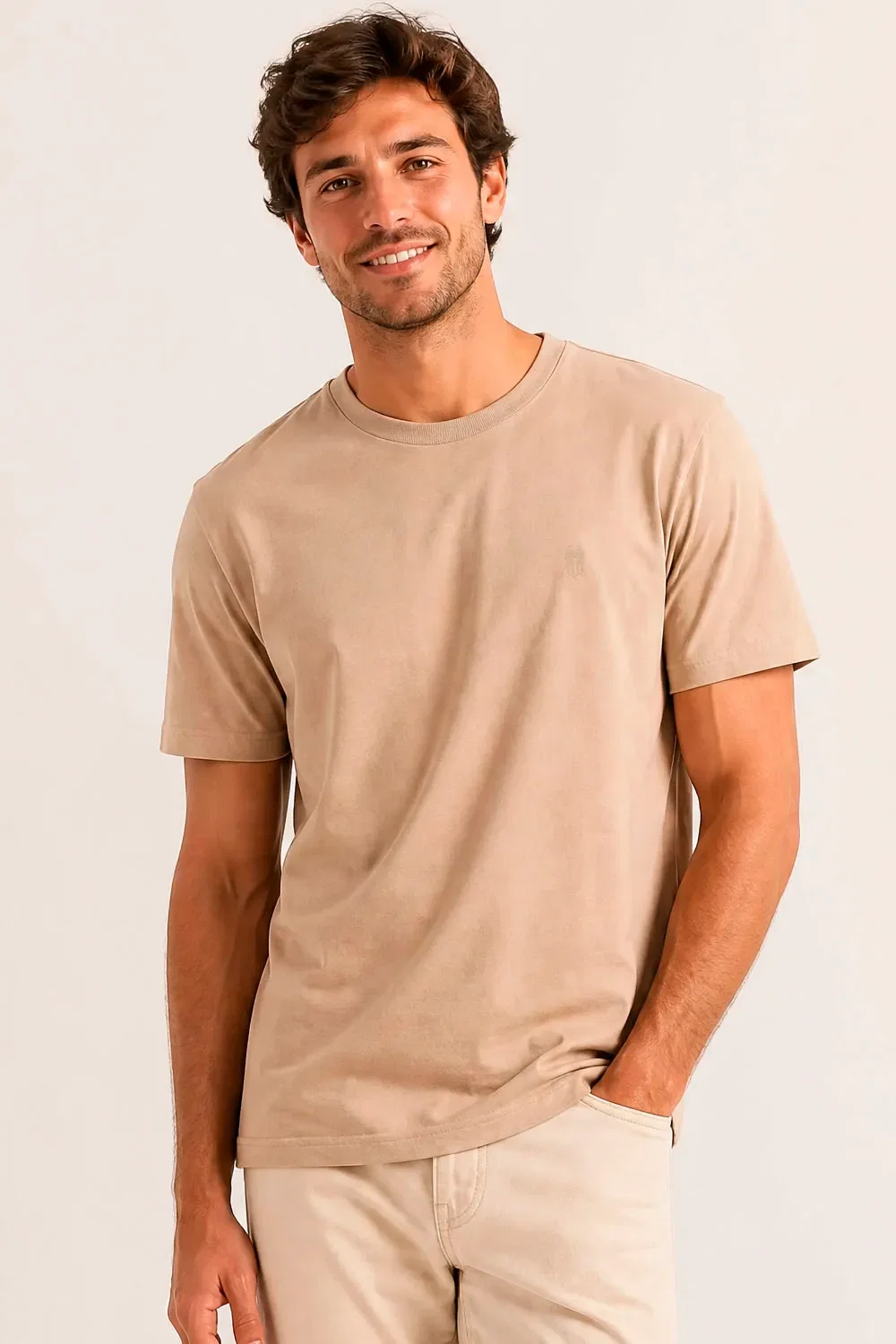 Camiseta Masculina Básica Lisa Casual Polo Wear Bege Médio