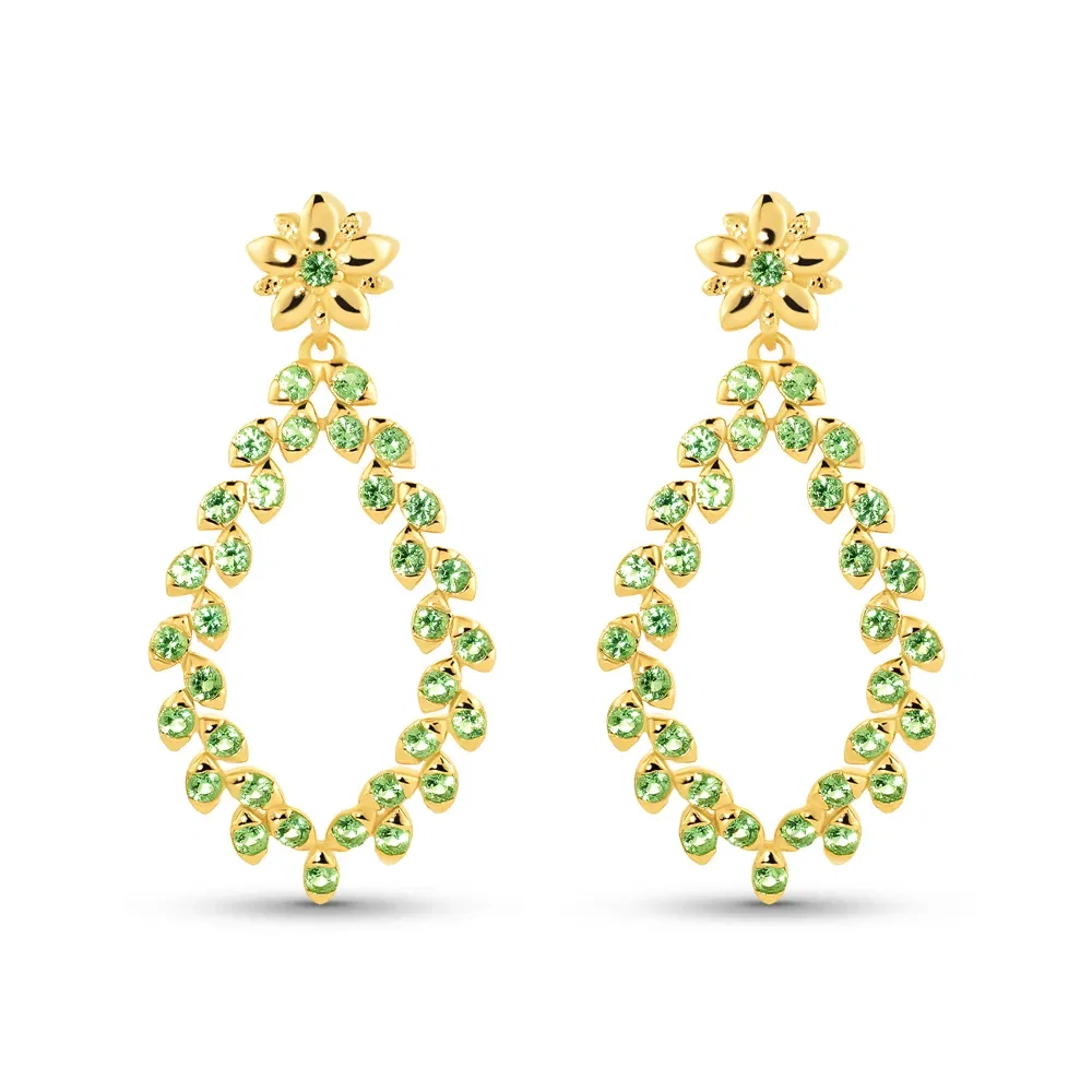 Brinco Life Botânica em Prata 925 com Banho de Ouro Amarelo 18k com Pedras Verdes