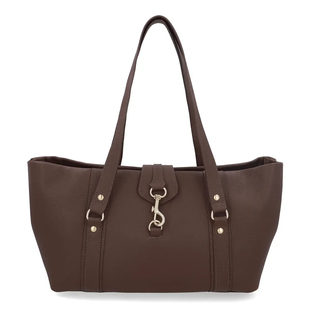Bolsa Shopper Couro Marrom Zíper Mosquetão
