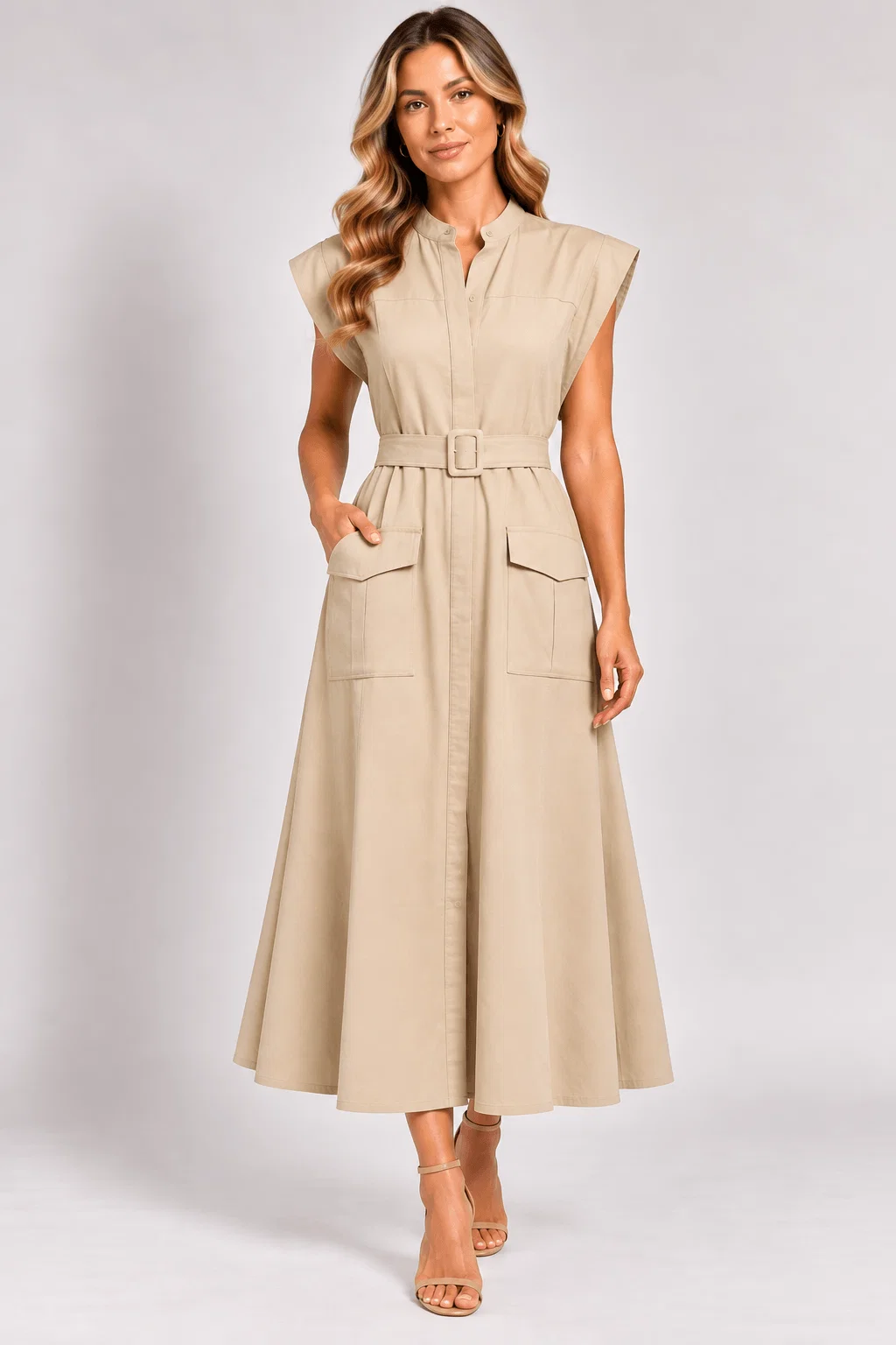 Vestido Midi Bolsos Cinto Forrado - Areia