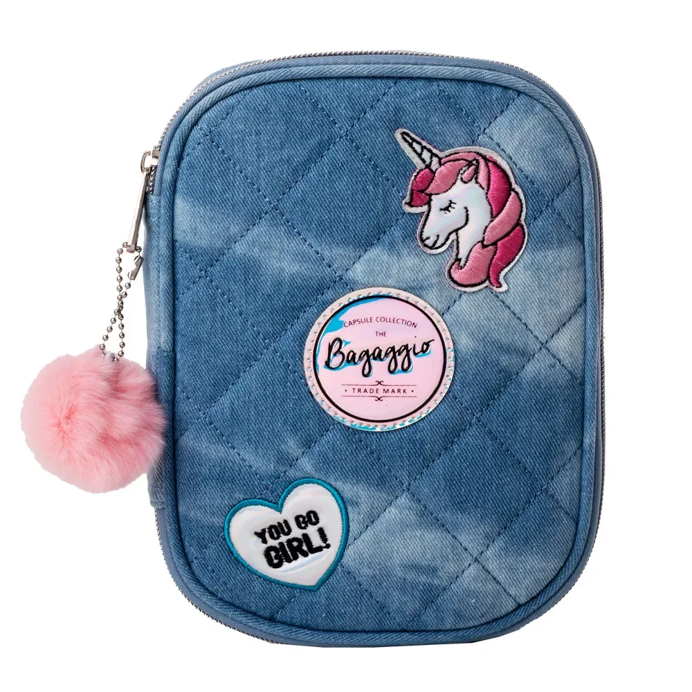 Estojo Escolar Feminino Jeans Patches Azul