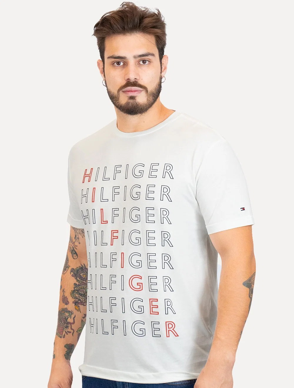Camiseta Tommy Hilfiger Masculina Logo Repeat Tee Branca — imagem 1