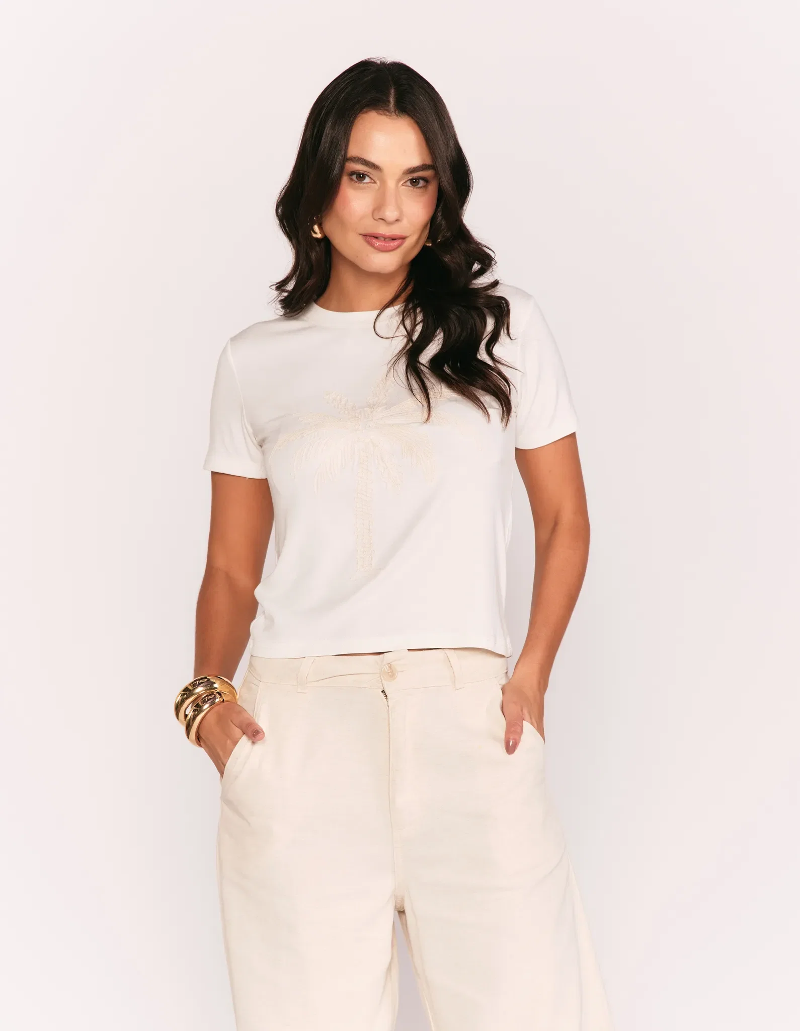Blusa Manga Curta Bordado Coqueiro - Branco — imagem 1