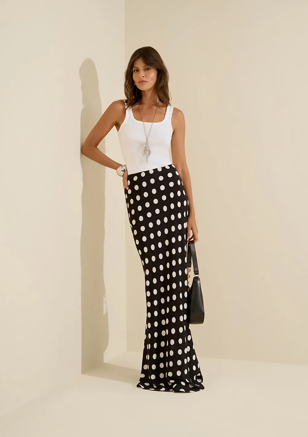 Saia Reta Midi Sonata Preto / branco