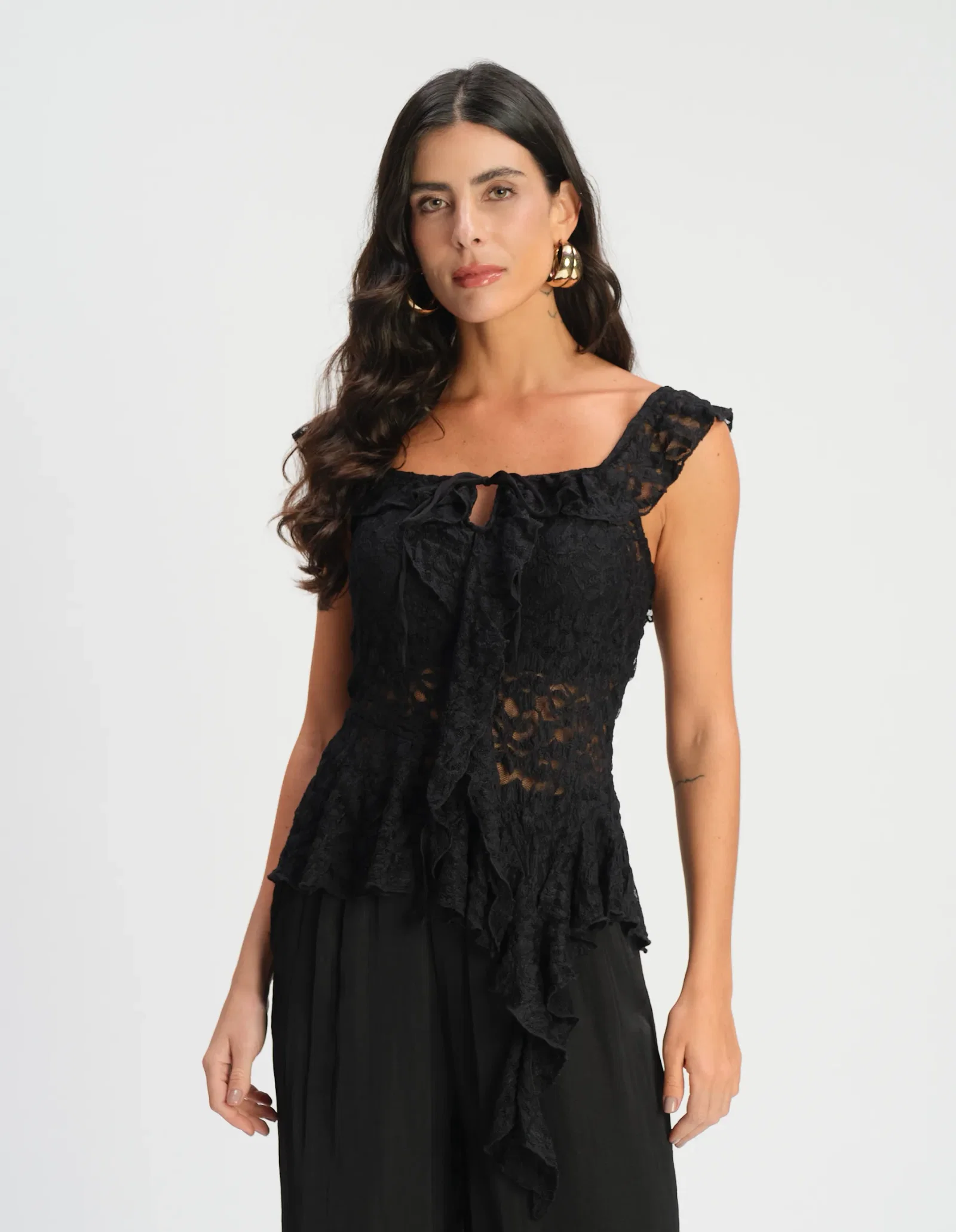 Blusa Renda Com Babados - Preto