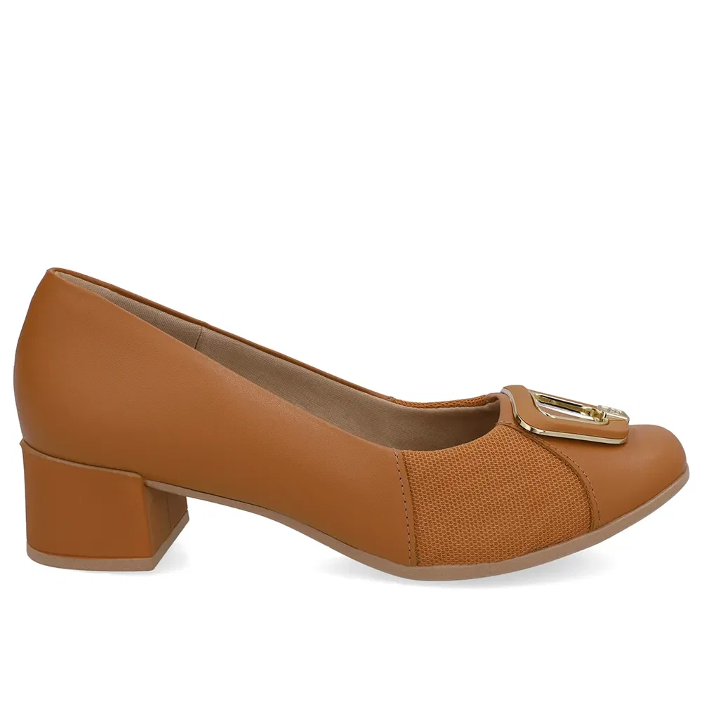 Scarpin Couro Marrom Bico Quadrado Tecido — imagem 1
