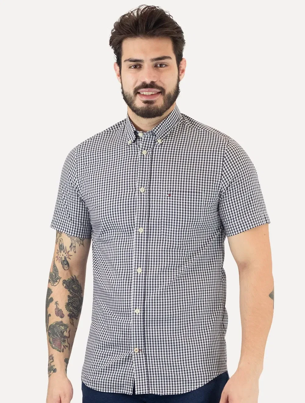 Camisa Tommy Hilfiger Masculina Manga Curta Pocket Gingham Marinho