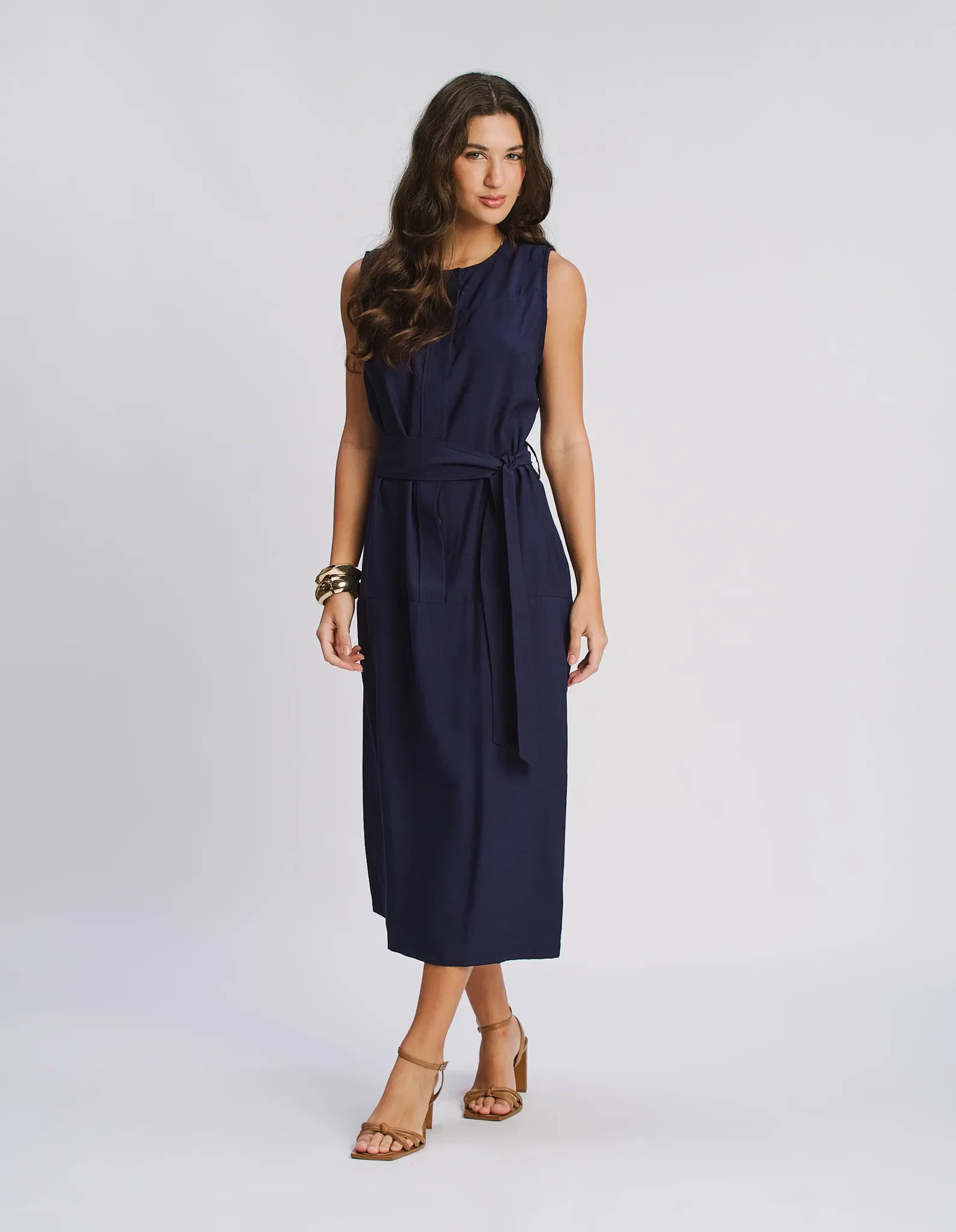 Vestido Sem Manga Faixa Amarração - Azul Marinho