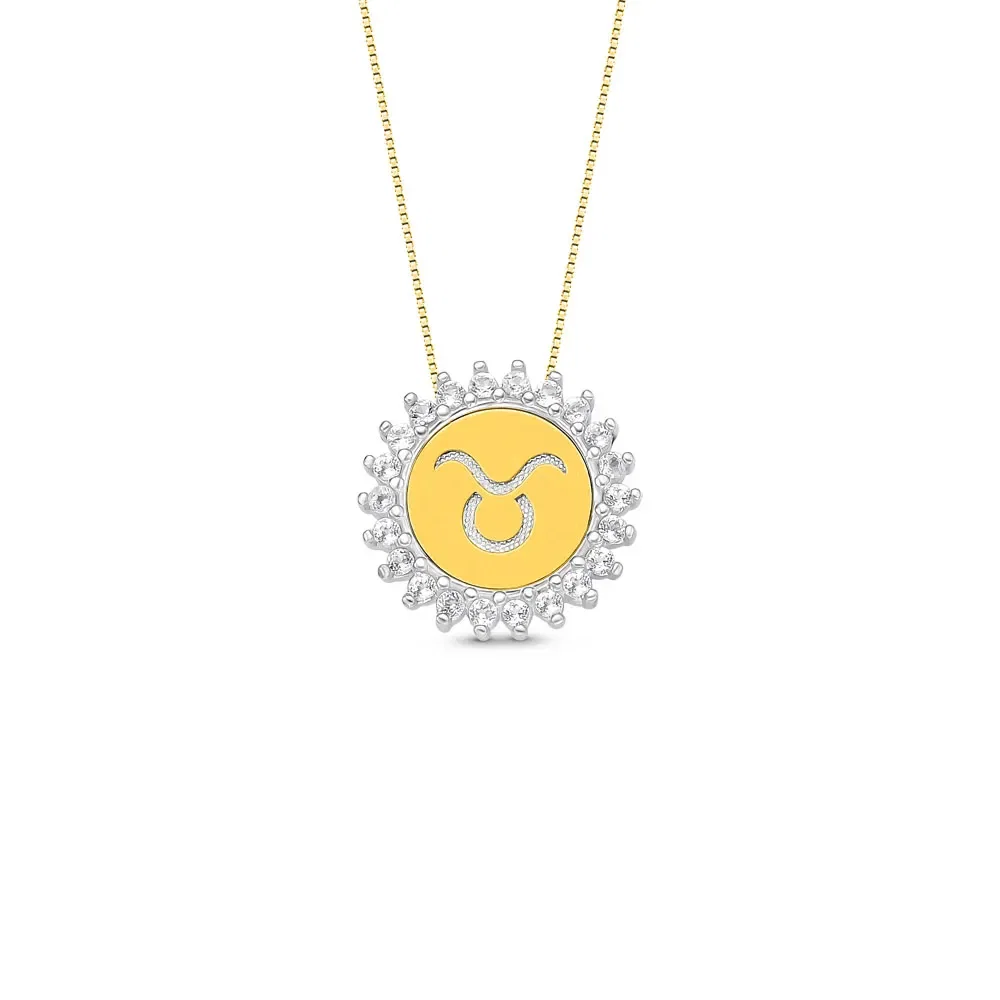 Pingente Medalha Signo Touro em Prata 925 e Ouro Amarelo 18k com Topázios Incolores, 15.4mm — imagem 1