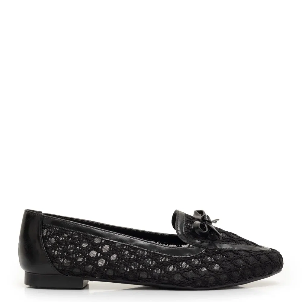 Mocassim Preto Tela Laço Tramado