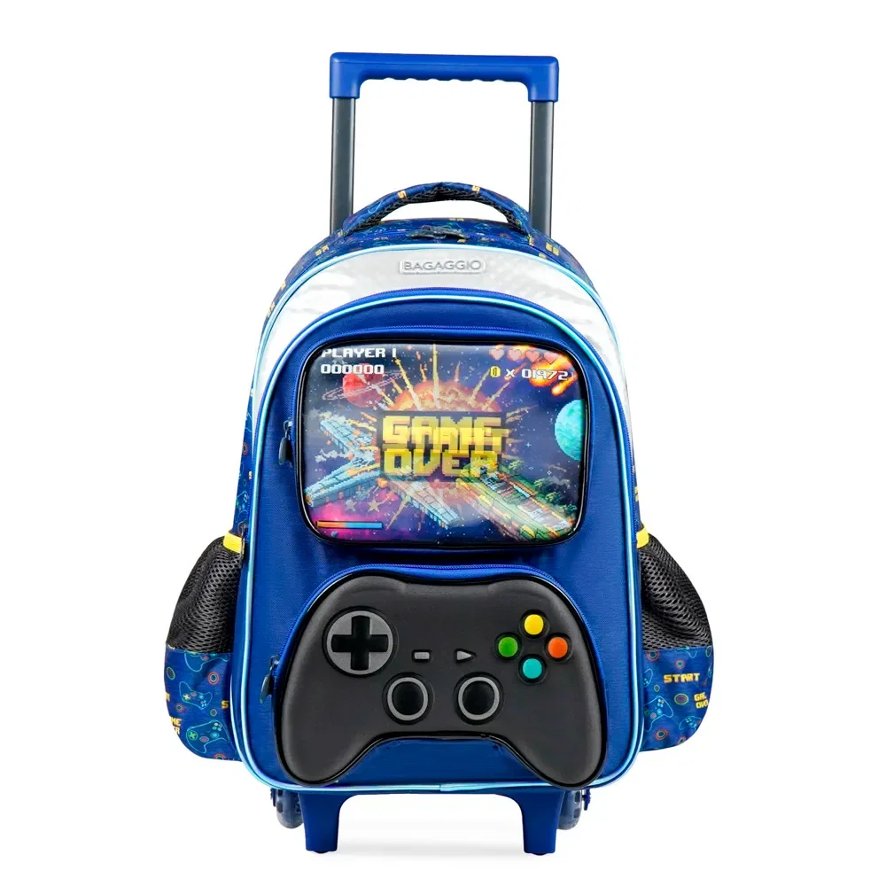 Mochila de Rodinha Infantil Masculina Video Game Azul Escuro