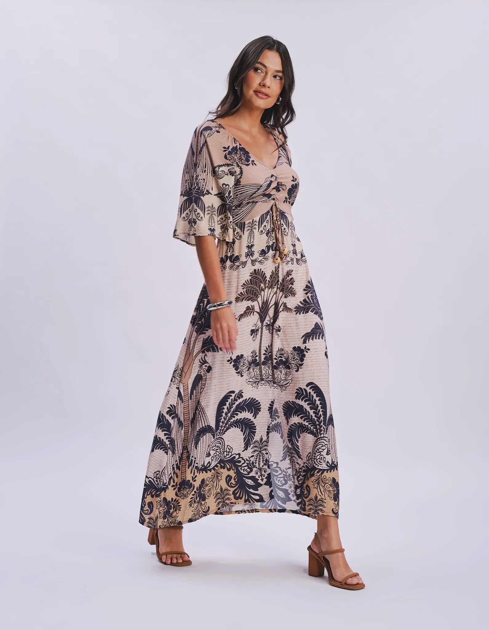 Vestido Longo Estampado Cisal Coqueiro - Areia — imagem 1