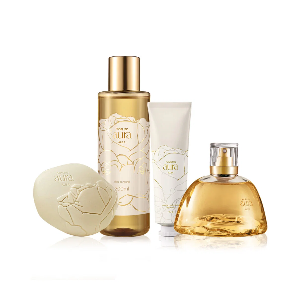 Kit Eau de Parfum, Óleo Corporal, Creme para Mãos e Sabonete Natura Aura Alba