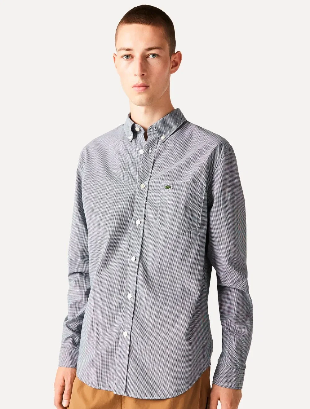 Camisa Lacoste Masculina Cotton Poplin Grid Branco / Azul Marinho