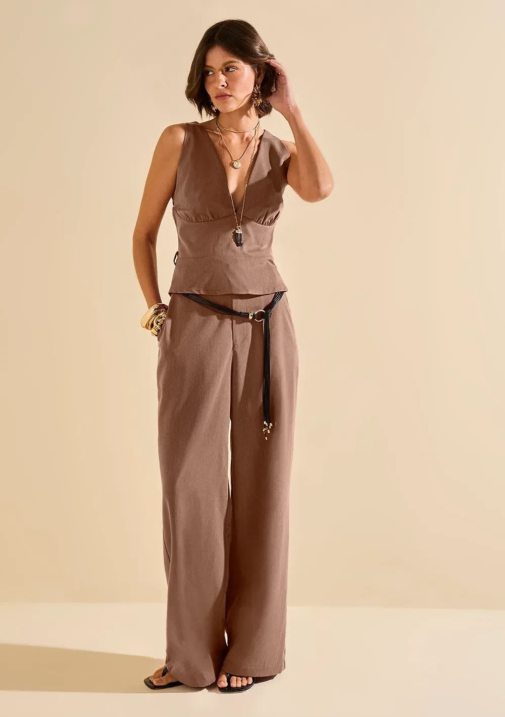 Calça Morena Rosa Wide Alta Marrom