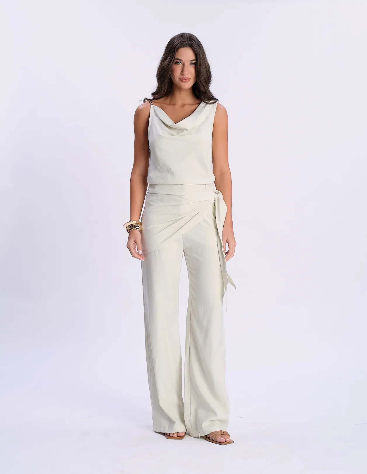 Calça Pantalona Detalhe Lenço Amarração - Areia — imagem 1