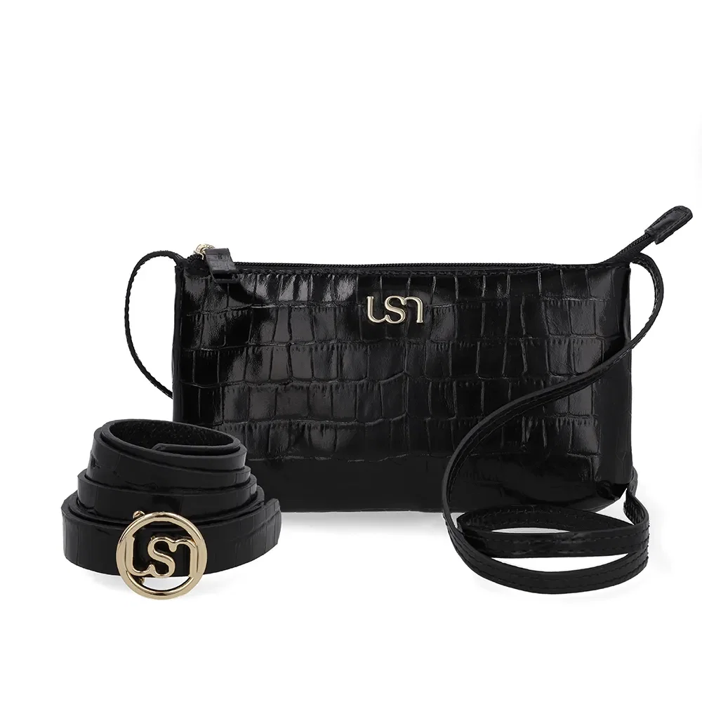 Kit Bolsa Tiracolo Cinto Couro Croco Preto — imagem 1