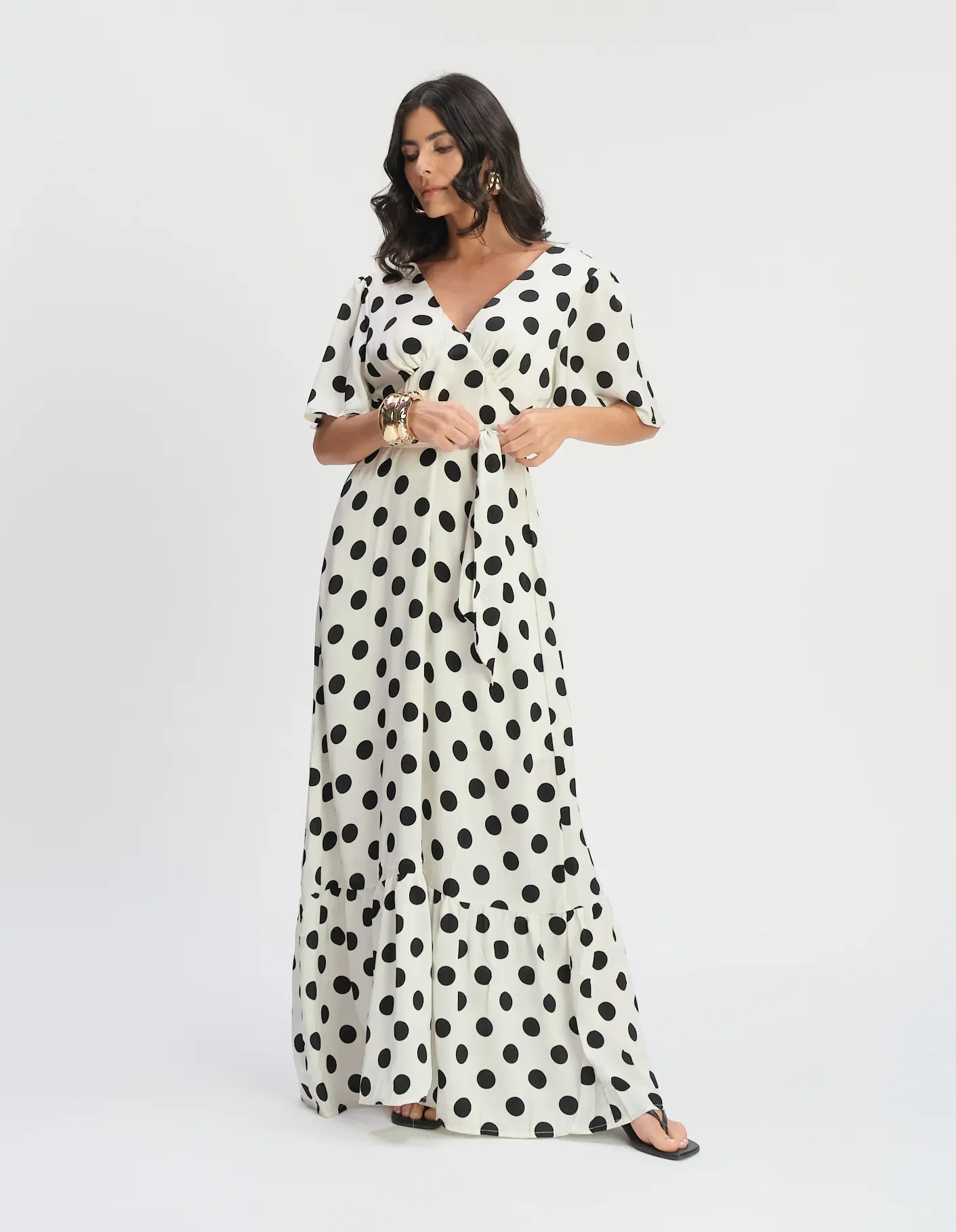 Vestido Longo Manga Estampado Poá - Bege