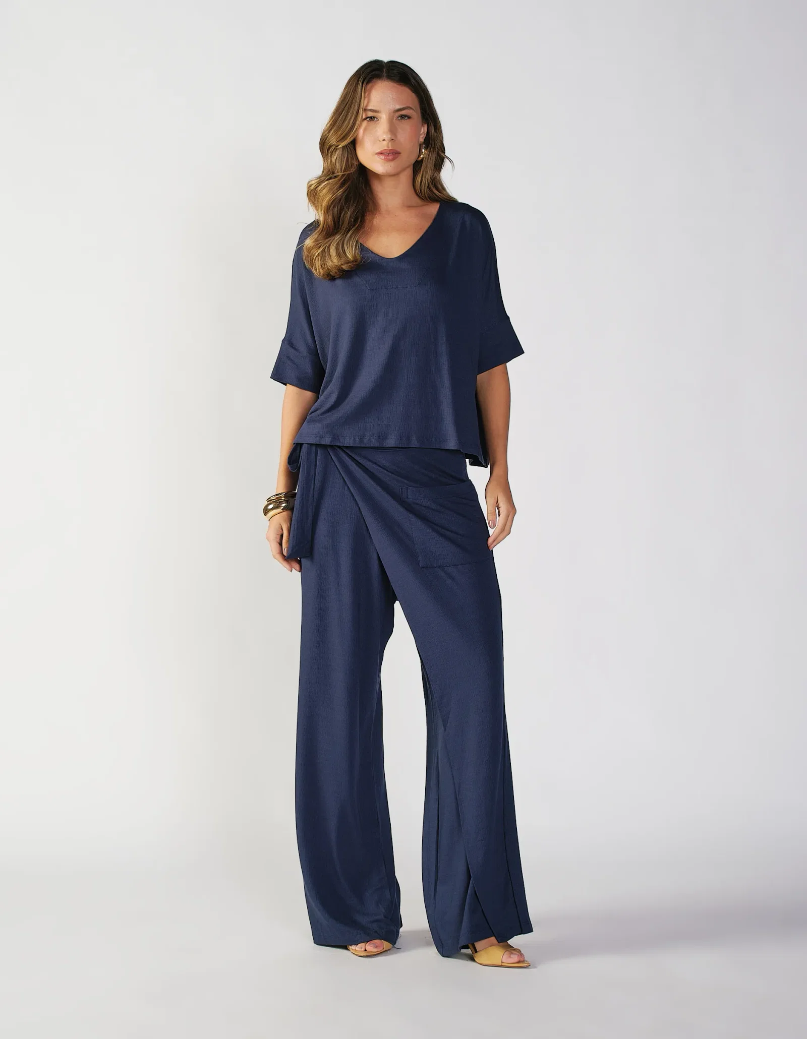 Calça Pantalona Envelope Amarração - Azul Marinho — imagem 1