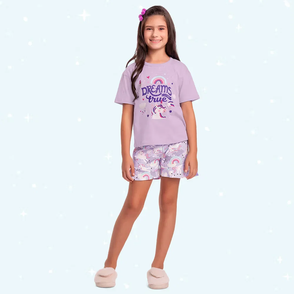 Conjunto pijama infantil blusa e short unicórnio brilha no escuro — imagem 1