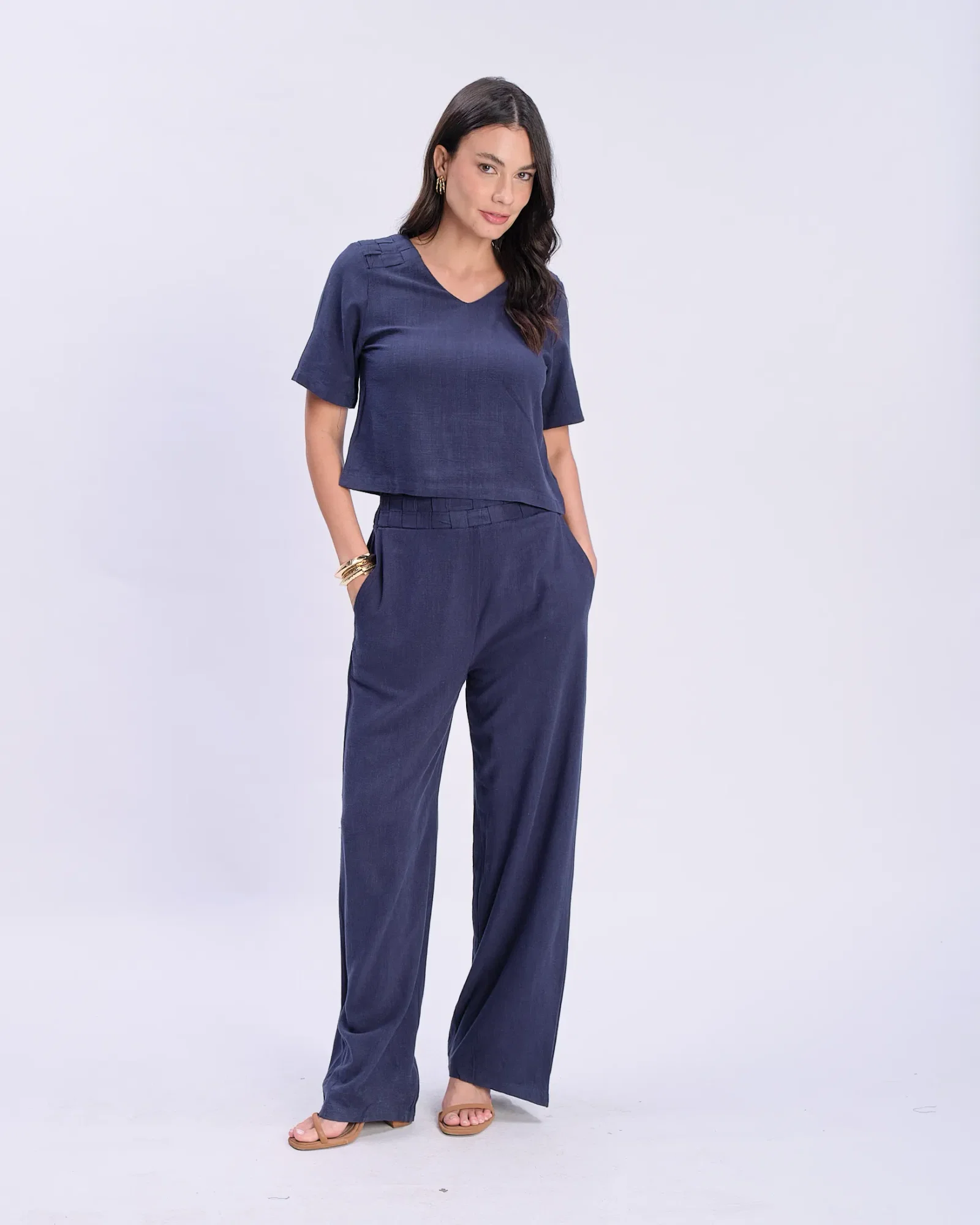 Calça Pantalona Linho Cós Tramado - Azul Marinho — imagem 1