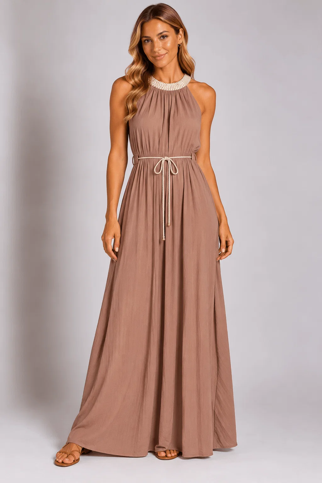 Vestido Detalhe Decote Bordado Com Cinto - Rose