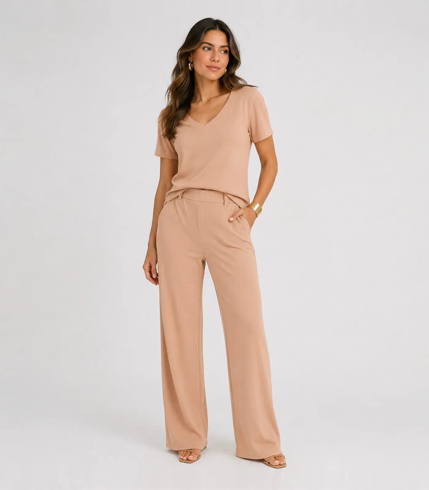Conjunto Feminino Em Polilinho Unique Fashion Marrom