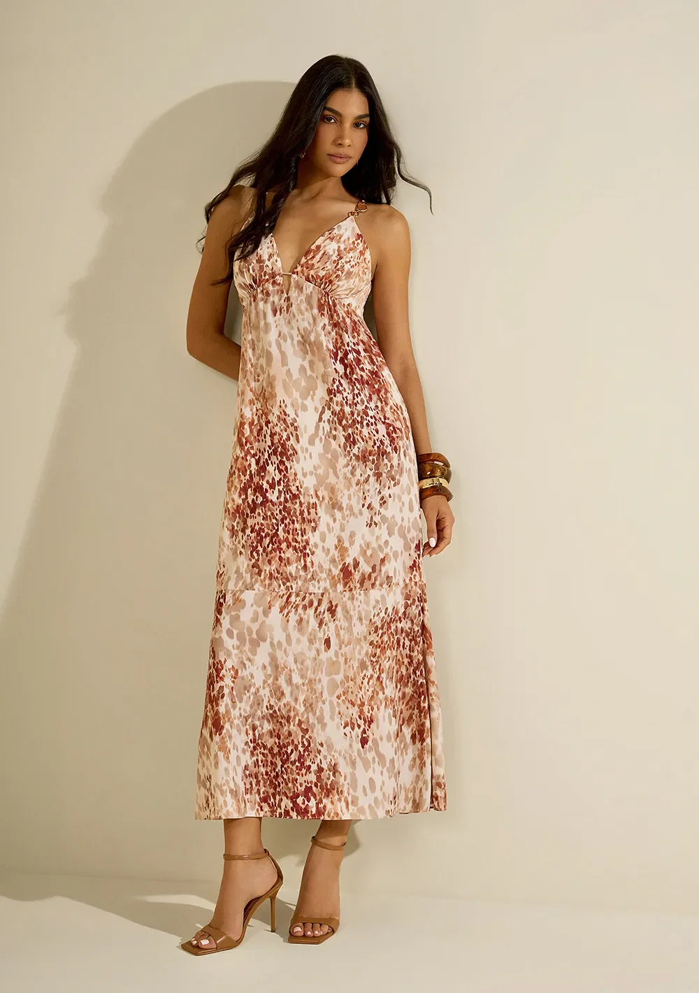 Vestido Longo Vereda Bege / vermelho