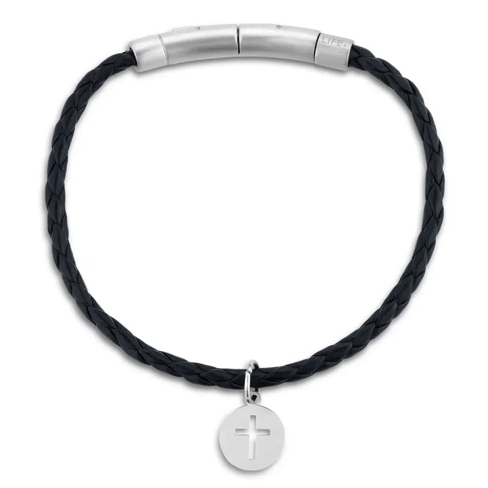 Pulseira Life Cruz em Couro Preto com Aço — imagem 1