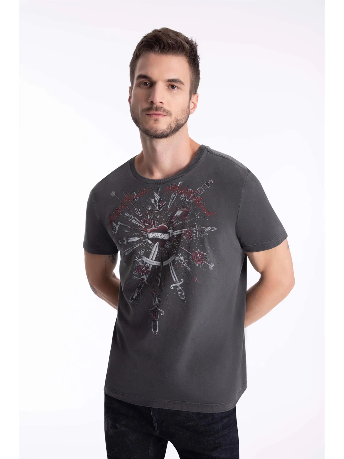 T-Shirt Washed Knifes Heart Preto — imagem 1